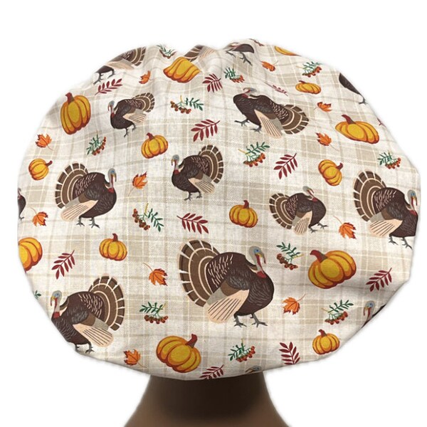 Thanksgiving Turkeys, Women’s Scrub Caps, Bouffant Scrub Cap, Scrub Hats for Women, Elastic with Toggle or Ties, Kelly’s Scrub Kaps