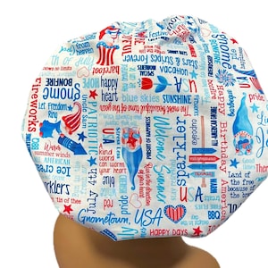 USA Patriotic Bouffant Scrub Cap – 4th of July Nurse Hat, Red White and Blue Medical Hair Cover, Independence Day OR Hat, Freedom Scrub Cap