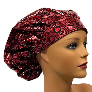 Shiny Metallic Hearts, Valentine’s Day, Satin Lined Scrub Cap Option, Women’s Bouffant Surgical Hat, Elastic with Toggle or Ties
