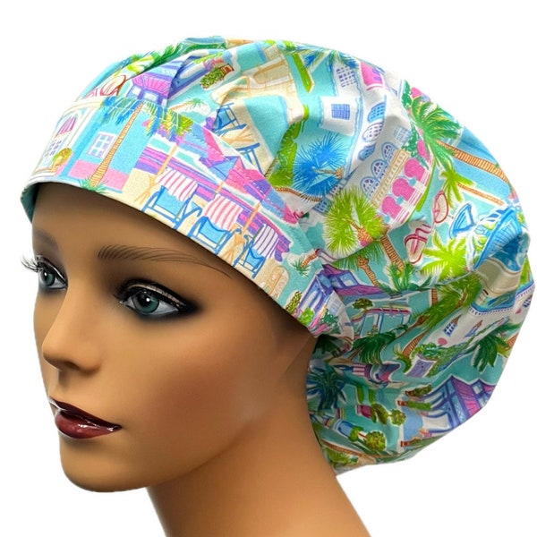Palm Trees, Beach Bouffant Surgical Scrub Cap, Scrub Hat for Women, Elastic with Toggle or Ties, Kelly’s Scrub Kaps Satin