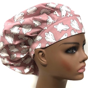 Glow in the Dark Pink Halloween Ghosts Women’s Bouffant Scrub Cap, Scrub Hats for Women, Elastic with Toggle or Ties, Kellys Scrub Kaps