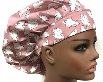 Glow in the Dark Pink Halloween Ghosts Women’s Bouffant Scrub Cap, Scrub Hats for Women, Elastic with Toggle or Ties, Kellys Scrub Kaps
