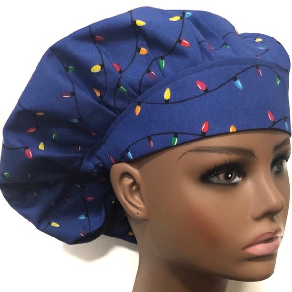 Christmas Lights on Blue, Women’s Bouffant Surgical Scrub Hat, Elastic with Toggle or Ties, Kellys Scrub Kaps Caps