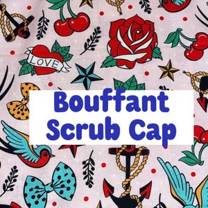 Tattoo Style Scrub Cap, Rockabilly Birds and Hearts, Retro Cherry and Anchor Hat, Bouffant Scrub Hat, Nurse Surgical Cap,Colorful Cotton Cap
