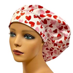 Valentine’s Day Hearts, Women’s Bouffant Surgical Scrub Cap, Cherry Scrub Hats for Women, Elastic with Toggle or Ties, Kelly’s Scrub Kaps