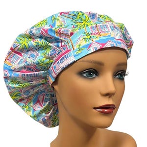 Palm Trees, Beach Bouffant Surgical Scrub Cap, Scrub Hat for Women, Elastic with Toggle or Ties, Kelly’s Scrub Kaps Satin