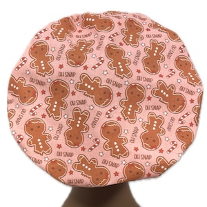 Sassy Gingerbread,  Pink Holiday Women’s Bouffant, Scrub Caps, Scrub Hats for Women, Adjustable Elastic or Ties, Kellys Scrub Kaps, Funny