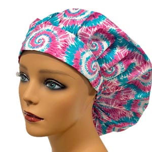 Tie Dye Bouffant Surgical Scrub Cap, Scrub Hat for Women, Pink and Blue, Elastic with Toggle or Ties, Kelly’s Scrub Kaps Satin