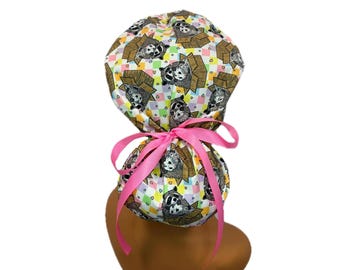 Cute Ponytail Scrub Cap, Funny Opossums and Raccoons, Satin Lining Option, Surgical Cotton OR Euro Cap