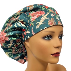 Snakes, Lizards, Butterflies Women’s Bouffant Surgical Scrub Cap, Satin Silk Scrub Hats for Women, Elastic with Toggle/ Ties, Kelly’s Kap