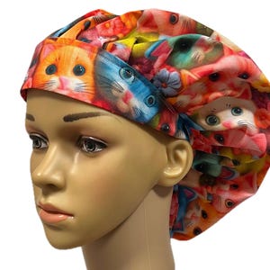 Bouffant Scrub Cap for Women, Adjustable Surgical Hat with Elastic or Ties – Colorful Cat Print, Cute Nurse Gift, OR Scrub Hat