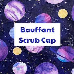 Space / Planets Bouffant Scrub Cap – Adjustable Cotton Surgical Hat with Optional Satin Lining, Elastic Toggle or Ties