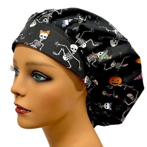 Dancing Skeleton Scrub Cap, Bouffant Style Halloween Nurse Hat, Black Skull Surgical Cap, Spooky OR Tech Hair Cover, Fall Medical Hat, Satin