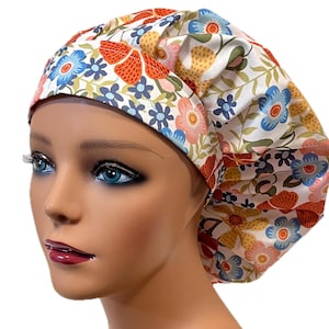 Pretty Floral Bouffant Surgical Scrub Cap, Flowers Scrub Hat for Women, Elastic with Toggle or Ties, Kelly’s Scrub Kaps Satin