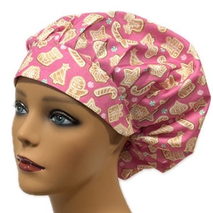 Christmas Cookies on Pink, Holiday Women’s Bouffant, Scrub Caps, Scrub Hats for Women, Elastic with Toggle or Ties, Kellys Scrub Kaps,