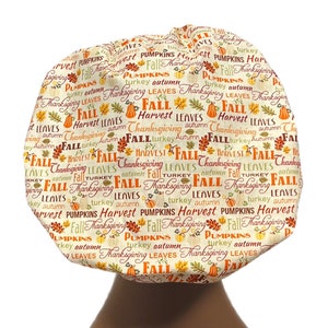 Fall, Autumn Women’s Bouffant Surgical Scrub Cap, Scrub Hats for Women, Elastic with Toggle or Ties, Thanksgiving, Halloween