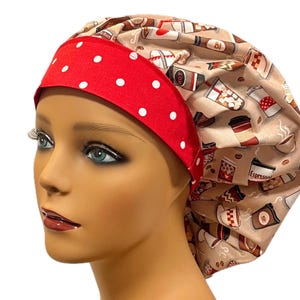 Coffee Lovers Bouffant Surgical Scrub Cap, Scrub Hat for Women, Elastic with Toggle or Ties, Kelly’s Scrub Kaps Satin