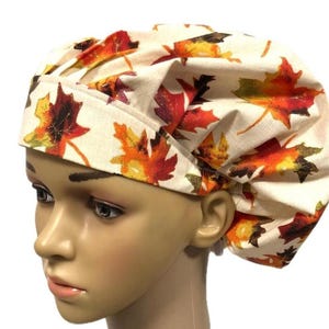 Fall Leaves, Women&#39;s Surgical Scrub Hat, Bouffant Style, Toggle or Ties, Kellys Scrub Kaps Caps