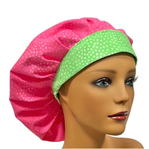 Summer Green and Pink, Bright Bouffant Surgical Scrub Cap, Scrub Hat for Women, Elastic with Toggle or Ties, Kelly’s Scrub Kaps Satin