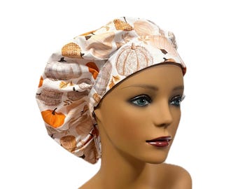 Pumpkin Bouffant Scrub Cap: Fall Nurse Hat, Rustic Cotton Surgical Cap