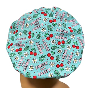 Sweet but Sassy, Funny Women’s Bouffant Surgical Scrub Cap, Scrub Hat for Women, Elastic with Toggle / Ties, Kelly’s Scrub Kaps, Cherry