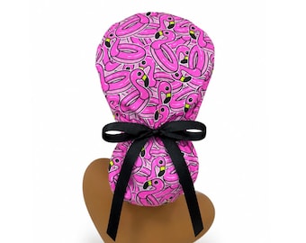 Flamingo Ponytail Scrub Cap, Surgical Cotton OR Euro Cap, Summer Scrub Hat