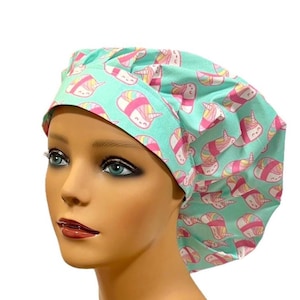 Sushi Cats, Women’s Bouffant Scrub Cap, Satin Lined Scrub Hats for Women, Elastic with Toggle or Ties, Kellys Scrub Kaps