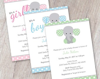 Baby Shower Invitation, Boy, Girl, Gender Neutral, Printable, Blue, Pink, Green, Elephant, Custom, Shower Invite