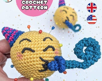 Patrón de crochet de emoji de celebración alegre / Juguete amigurumi con cara de fiesta / Decoración o regalo de cumpleaños original / Condiciones para el Reino Unido y EE. UU. / Descarga en PDF