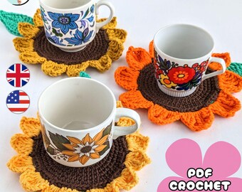 Patrón de crochet para posavasos de girasoles alegres para un hogar luminoso / Proyecto rápido y fácil de hacer para principiantes / Descarga en PDF con términos del Reino Unido y EE. UU.
