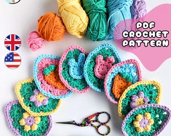 Patrón de crochet para huevos de Pascua con punto de la abuela: Flor, conejito y zanahoria / Decoración rápida y sencilla (Descarga PDF)