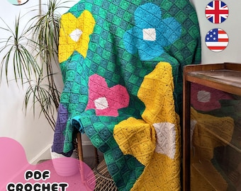 Impresionante patrón de manta de crochet con margaritas / Diseño único de manta cuadrada floral de abuela / Condiciones para el Reino Unido y EE. UU. / Descarga en PDF