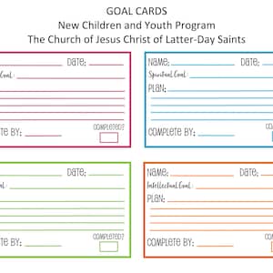 Könnte beinhalten: Vier Zielkarten mit Zeilen zum Aufschreiben von Namen, Daten, Zielen, Plänen und Fertigstellungsdaten. Die Karten sind farbcodiert: rot, blau, grün und orange.