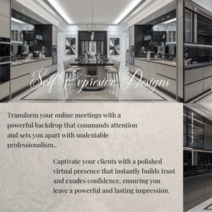 Puede incluir: Una cocina moderna con elegantes gabinetes negros y grises, una isla grande con taburetes de bar y una alfombra con estampado geométrico. El texto "Self Expressive Designs" es visible en la imagen.