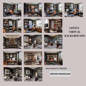 May include: A collection of 10 virtual office backgrounds featuring a modern home office with dark walls, wood shelves, and a large desk with a leather chair. The office is decorated with artwork, plants, and lighting.  OFFICE VIRTUAL BACKGROUNDS HIGH QUALITY IMAGES INSTANT DOWNLOAD