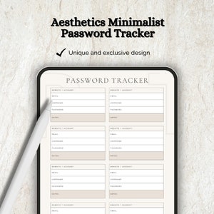Pode incluir: Um rastreador de senhas digital com um design minimalista. O rastreador é dividido em seções para o site, e-mail, nome de usuário, senha e notas. O rastreador está em um tablet.