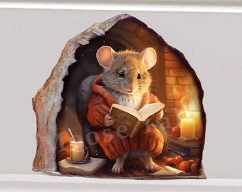 Mouse by fireplace Read books decal Bookworm sticker Cozy fairy door Mouse hole decal Bookshelf decal Mouse hole  decal Housewarming gift