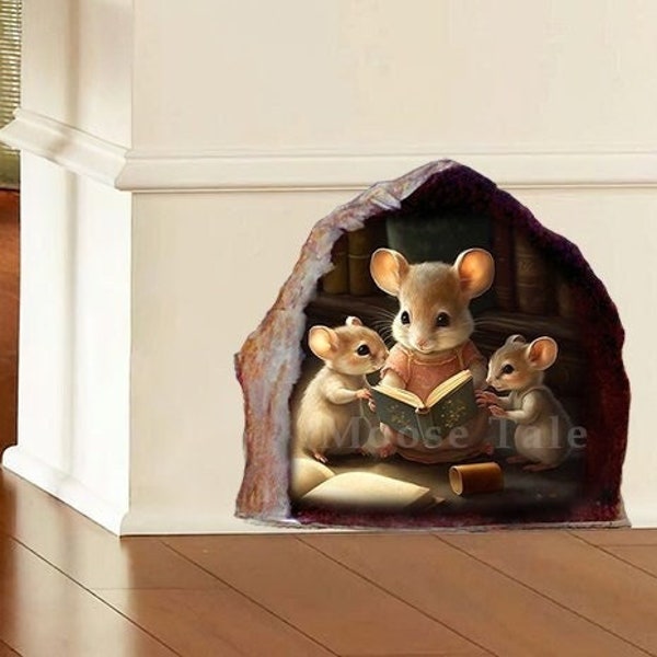 Familia de ratones con un libro Pegatina de agujero de ratón Calcomanía de biblioteca Madre de 2 Mamá de 3 Pegatina de estantería Regalo de inauguración de la casa para estudiante o maestro