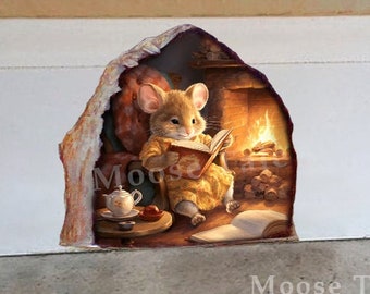 Mouse by fireplace Read books decal Bookworm sticker Cozy fairy door Mouse hole decal Bookshelf decal Mouse hole  decal Housewarming gift