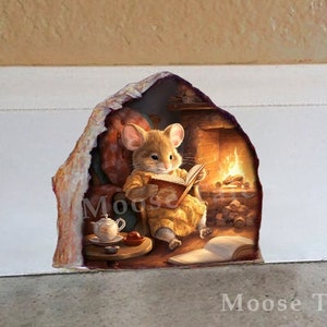 Mouse by fireplace Read books decal Bookworm sticker Cozy fairy door Mouse hole decal Bookshelf decal Mouse hole  decal Housewarming gift