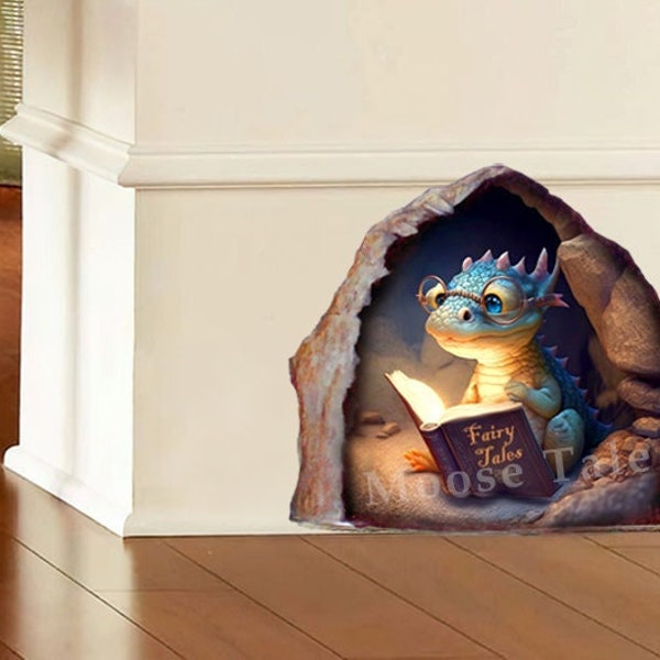 Pequeño dragón leyendo libro Dragón calcomanía Dragón con pegatina de libro Calcomanía de pared Pegatinas de zócalo Calcomanía para biblioteca librería Escuela
