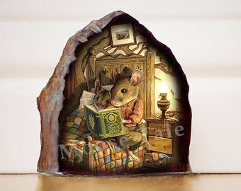 Top quality sticker Mouse reading book in hole wall decal Mice family sticker Library Wall decal Baseboard stickers Mothers day wall decal