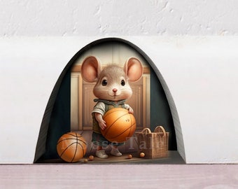 Little basketball player mouse Boy room decal sticker Mousein a hole wall sticker Wall decal Bookcase sticker