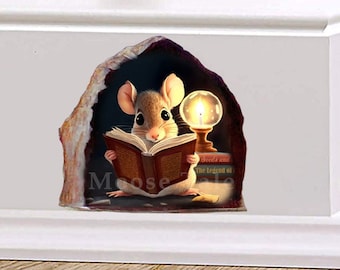 Mouse reading book decal Gift for bookworm Skirting sticker Wall decal for library Baseboard stickers Mothers day decal for playroom