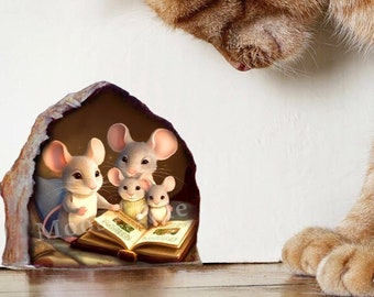 NEW Mouse family of 4 reading a book Mouse hole sticker Library decal Family sticker Bookcase sticker Mothers day gift