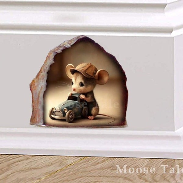 Little Sherlock Holmes mouse Boy room decal sticker Retro english mouse with a toy car Hole sticker Wall decal Bookcase sticker