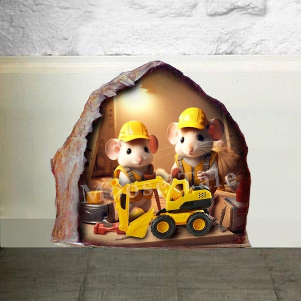 Little mice and digger Boys room decal sticker Mouse with a toy excavator Hole sticker Wall decal Bookcase sticker