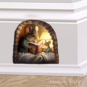 Daddy mouse reading book to son in hole sticker Library decal Bookcase sticker Housewarming gift for student or teacher