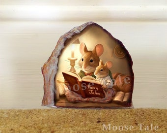 Mouse reading in hole wall decal Mice family sticker Library Wall decal Baseboard stickers Bookworm wall decal