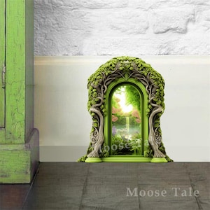 Green fairy door decal sticker with Wonderland inside Baseboard sticker Mouse decal Staircase wall decal Housewarming gift